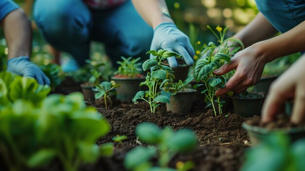 Family in the garden planting vegetation together