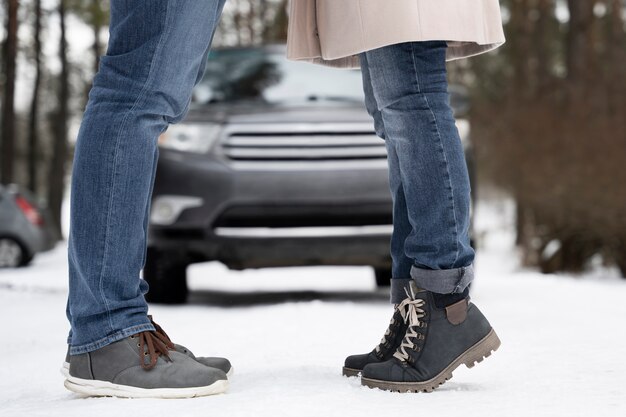 Family having fun during winter roadtrip