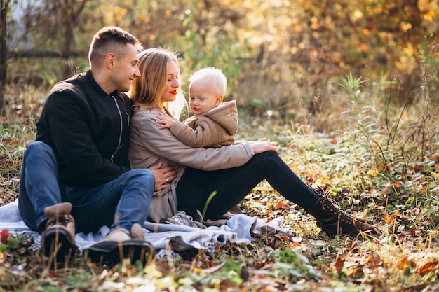 Free photo family having small picnic with their son in autumn park