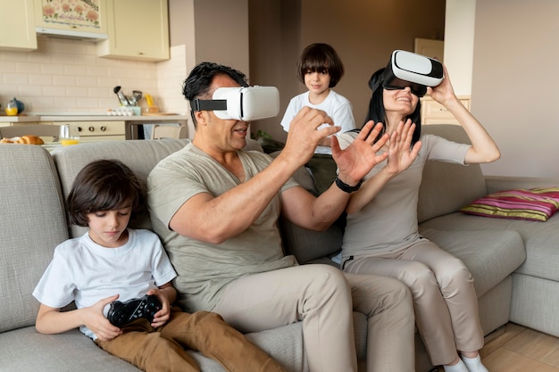 Family playing a virtual reality game together