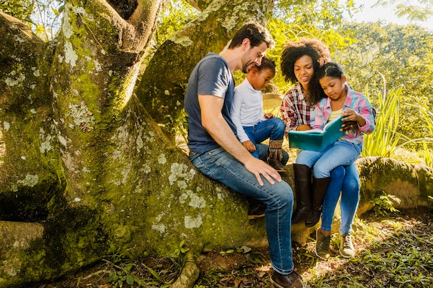 Family reading together on a tree trunk