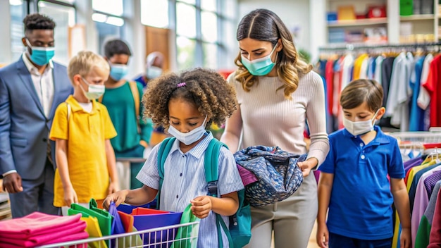 Free Photo family shopping for school supplies with face masks