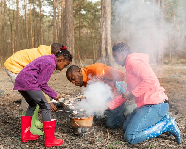 Family spending time together in the woods