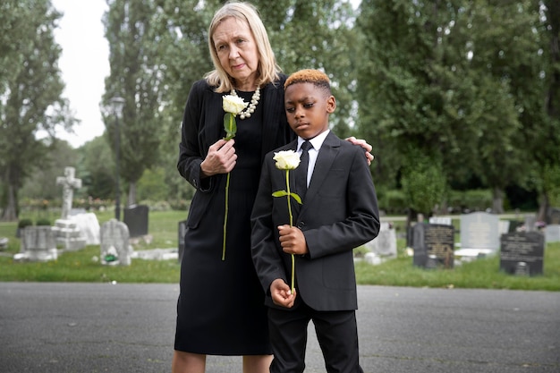 Family visiting grave of loved one