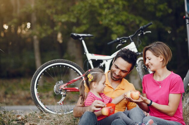 Family with a bicycle in a summer park