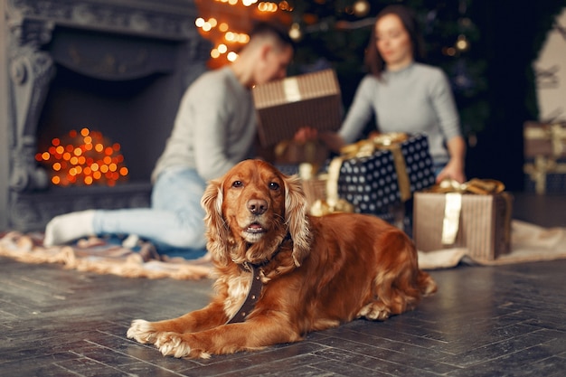 Free Photo family with cute dog at home near christmas tree