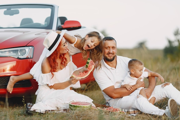 Free photo family with watermelon. father in a white t-shirt. people in a picnic.