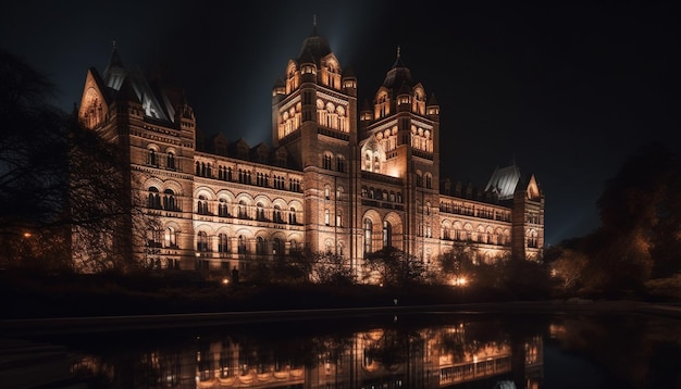 Famous Gothic monument illuminated at dusk reflects in water below generated by AI