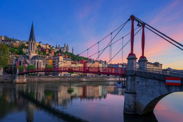 Famous red footbridge in the morning Lyon