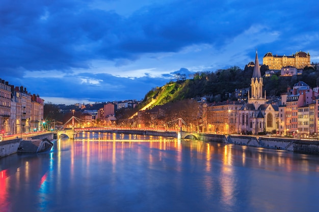 Famous view of Lyon with Saone river at night