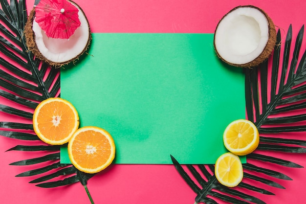 Free photo fantastic summer composition with blank paper and variety of fruits