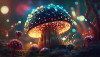 Free photo fantastic wonderland forest landscape with mushrooms and flowers ai generative