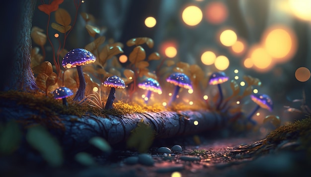 Free photo fantastic wonderland forest landscape with mushrooms and flowers ai generative