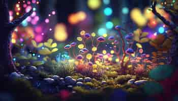 Free photo fantastic wonderland forest landscape with mushrooms and flowers ai generative