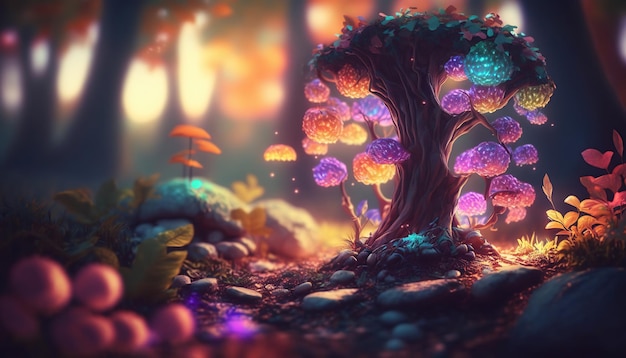 Free photo fantastic wonderland forest landscape with mushrooms and flowers ai generative