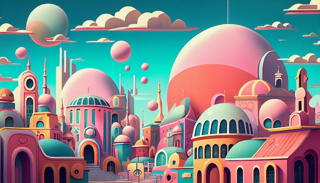 Fantasy cityscape with multi colored style generative AI