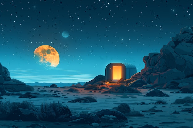 Fantasy house on the moon illustration