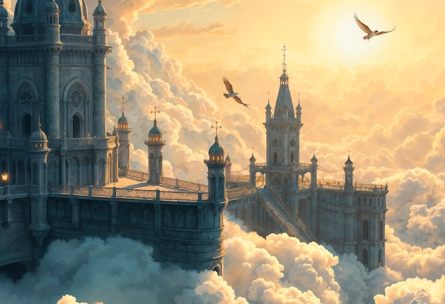 Free Photo fantasy landscape of castle surrounded by clouds illustration