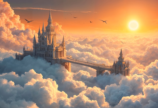 Free photo fantasy landscape of castle surrounded by clouds illustration