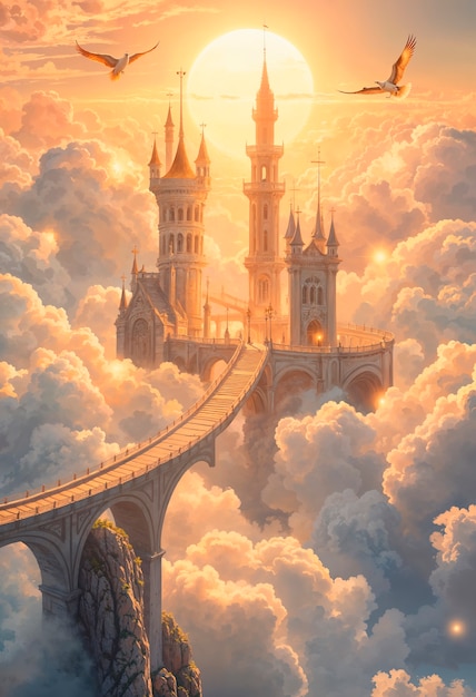 Free photo fantasy landscape of castle surrounded by clouds illustration