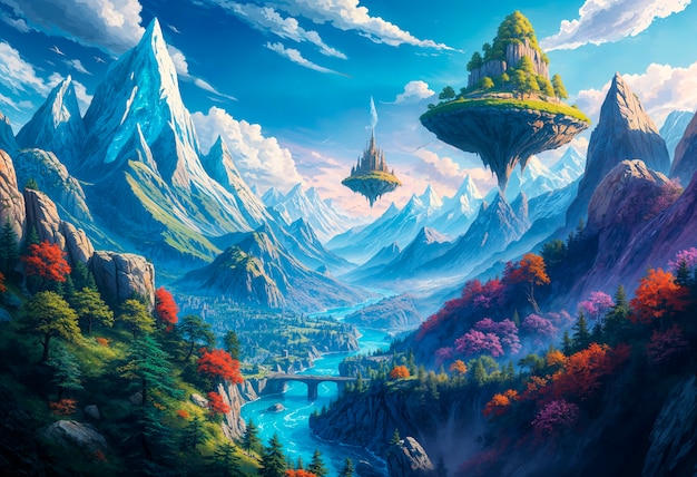 Fantasy landscape of floating islands illustration