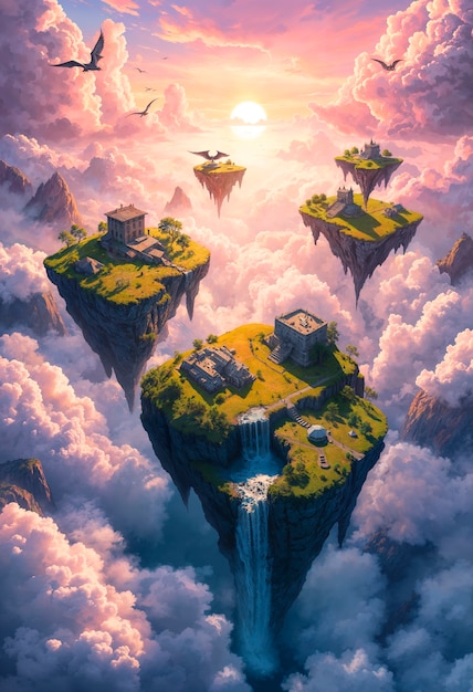 Free Photo fantasy landscape of floating islands illustration