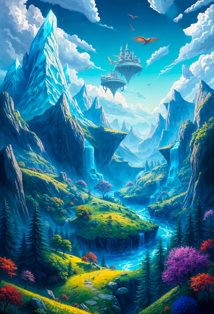 Fantasy landscape of floating islands illustration