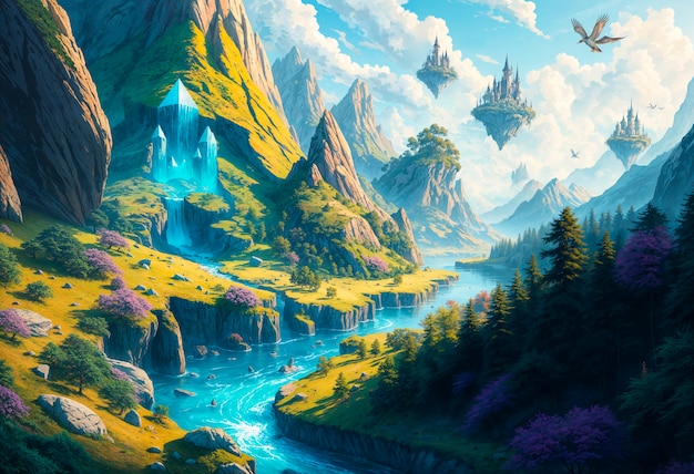 Fantasy landscape of floating islands illustration