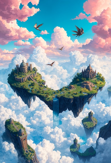 Free Photo fantasy landscape of floating islands illustration