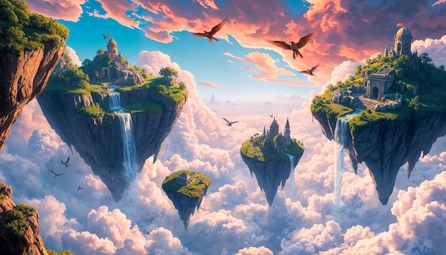 Free photo fantasy landscape of floating islands illustration