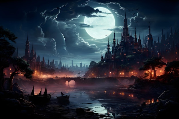 Free photo a fantasy landscape at night with a full moon