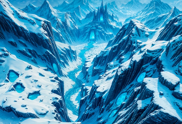 Free photo fantasy landscape of snowy mountains illustration