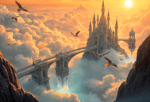 Free Photo fantasy landscape surrounded by clouds illustration