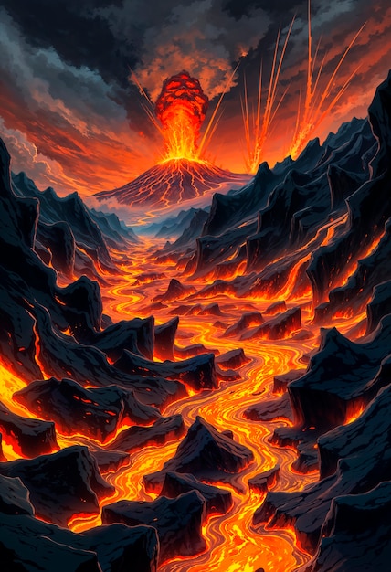 Free Photo fantasy landscape of volcano illustration