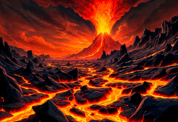 Free Photo fantasy landscape of vulcano illustration