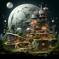 Free photo fantasy landscape with planet and alien city 3d illustration