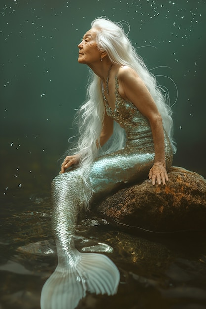 Free photo fantasy portrait of elderly mermaid woman