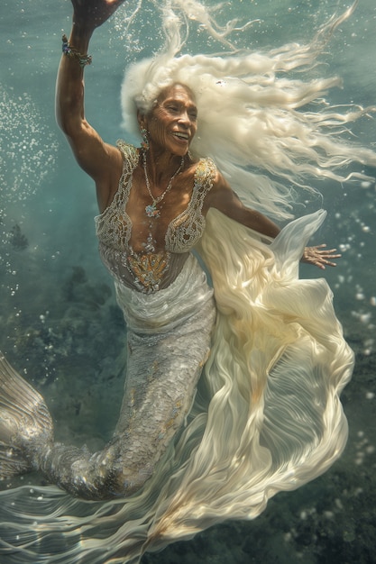 Fantasy portrait of elderly mermaid woman