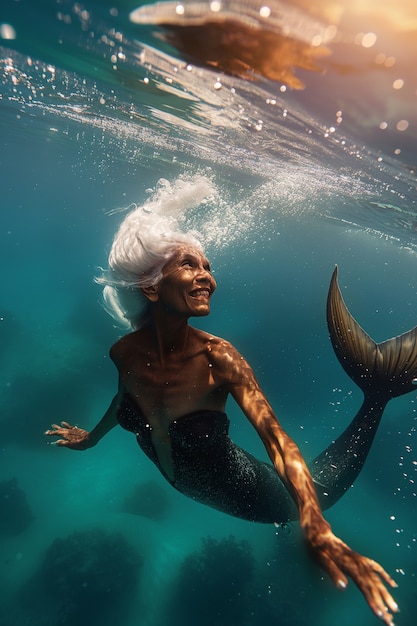 Fantasy portrait of elderly mermaid woman