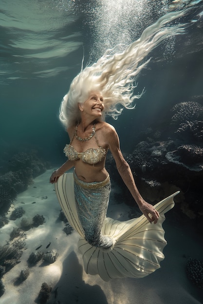 Fantasy portrait of elderly mermaid woman