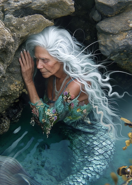 Fantasy portrait of elderly mermaid woman