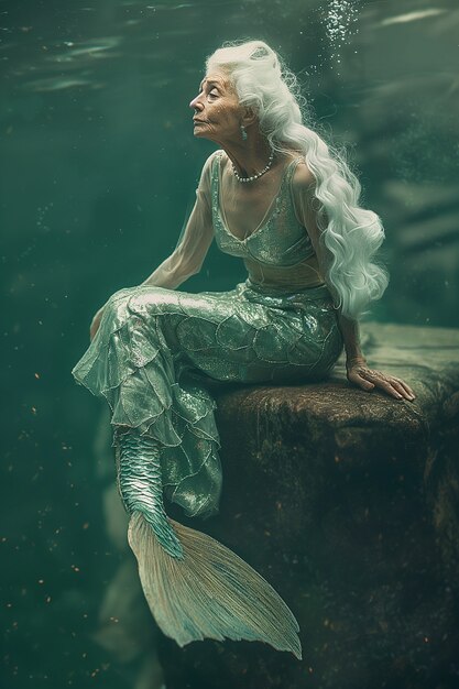 Fantasy portrait of elderly mermaid woman