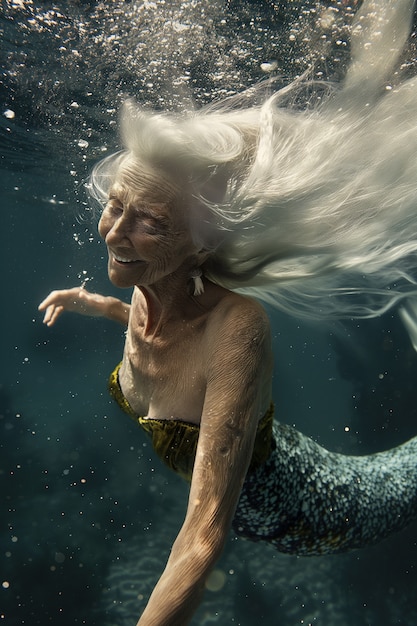 Free photo fantasy portrait of elderly mermaid woman