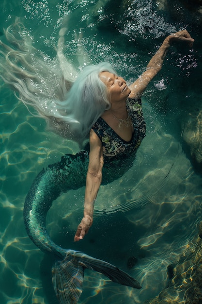 Free photo fantasy portrait of elderly mermaid woman