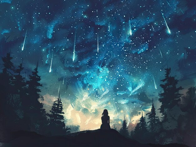 Fantasy shooting star landscape at night