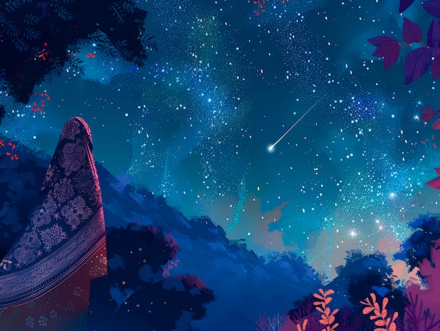 Fantasy shooting star landscape at night