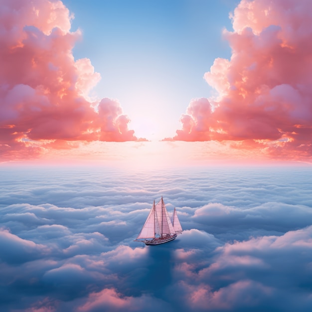 Free photo fantasy style clouds and boat