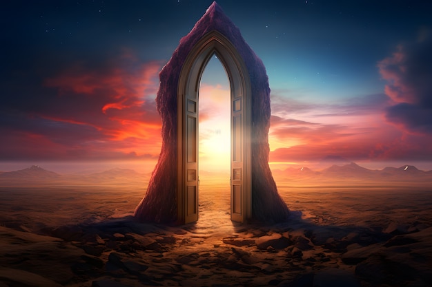 Free Photo fantasy style entryway or door with desert landscape