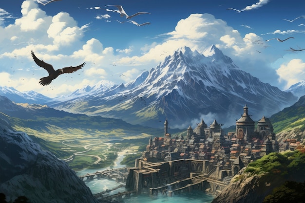 Fantasy style scene with mountains landscape