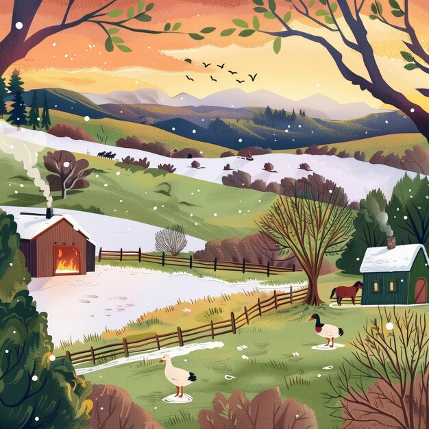 Farm landscape cartoon illustration